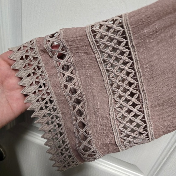 By Together Boho Lace Wrap Blouse Blush Pink Long Sleeve Crochet Trim Womens MED - Picture 5 of 7